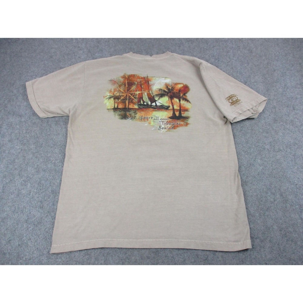 VINTAGE Crazy Shirts Hawaii Mens Medium Beige Orange Boat Beach Kona Coffee Dyed
